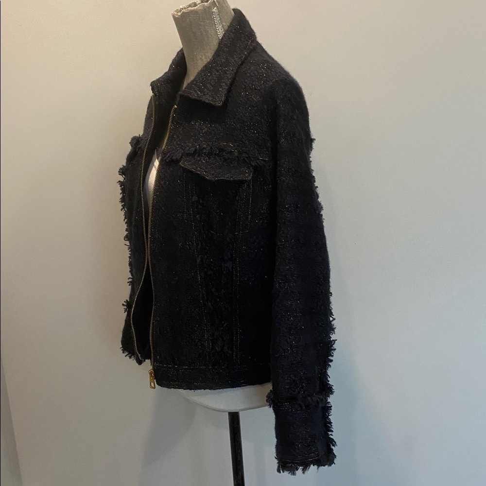 Tory Burch Black Bouclé Tweed Blazer Zip Lady Like Size 12 Fringe Detail Jacket - Picture 8 of 15
